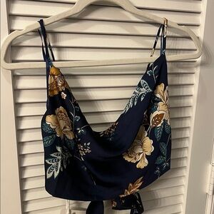 Hello Molly Navy Floral Satin Cowl Crop Top with Gold Accents